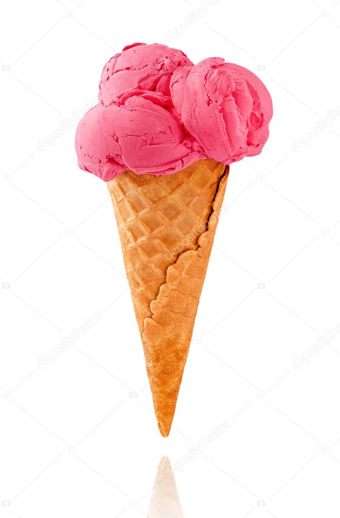 Pink ice cream waffel cone isolated on white background.