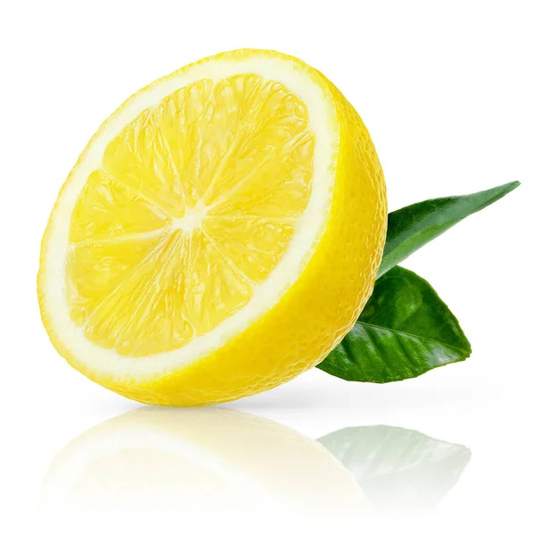Zitronenhälfte Mit Blättern Isoliert Mit Schneideweg — Stockfoto