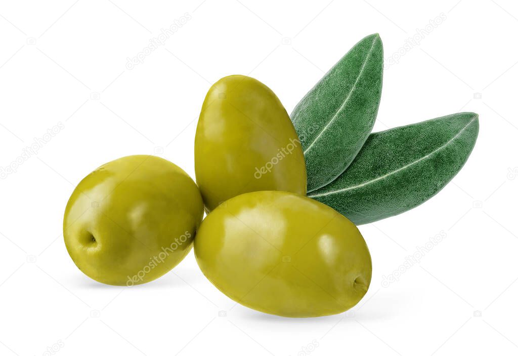 Green olives with green leaves isolated with clipping path.