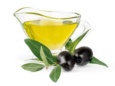 Ekstra bakir zeytinyağı kavanozu ve kesme yolu ile beyaz arka planda izole yeşil dal.