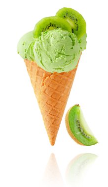 Kivi meyveli dondurma. Kırpma yolu olan beyaz üzerine izole edilmiş.