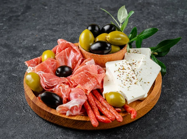 Italian Antipasto Platter Dark Stone Background Top View — Stock Photo, Image