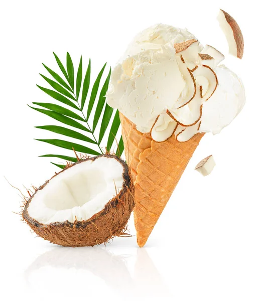 Cono Helado Coco Con Hoja Palma Sobre Fondo Blanco Con — Foto de Stock