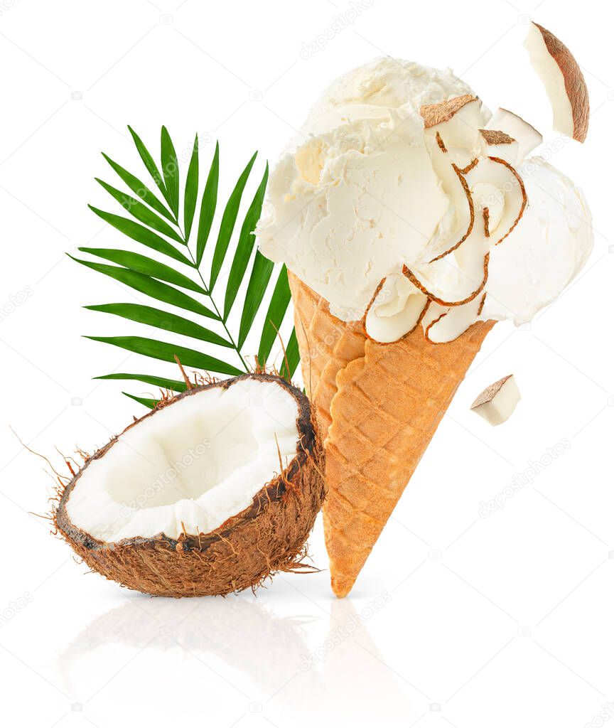 Coconut ice cream cone with palm leaf on white background with clipping path.