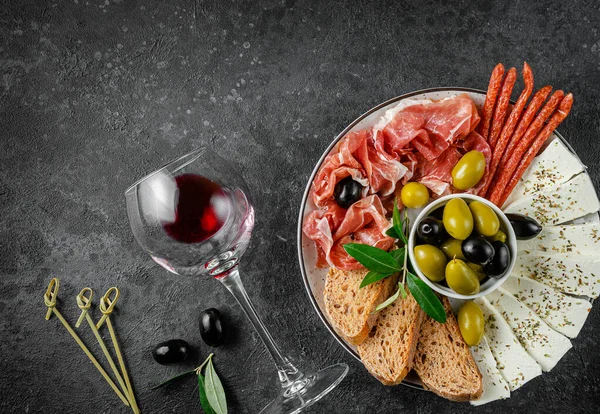 Appetizers Background Red Wine Glass Overhead Copy Space — Stock Photo, Image