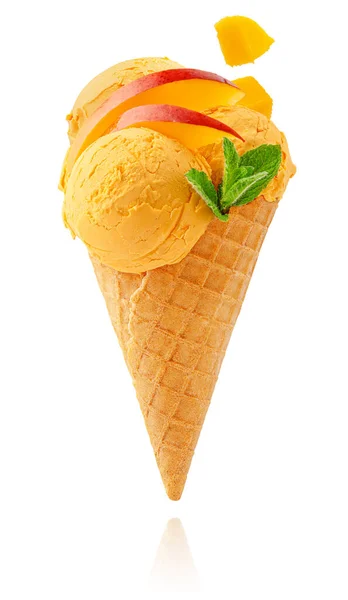 Mango ice cream cone isolated on white background with clipping path. — Stock Photo, Image