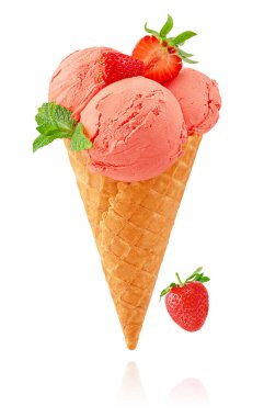Strawberry ice cream cone with mint leaf isolated with clipping path. clipart