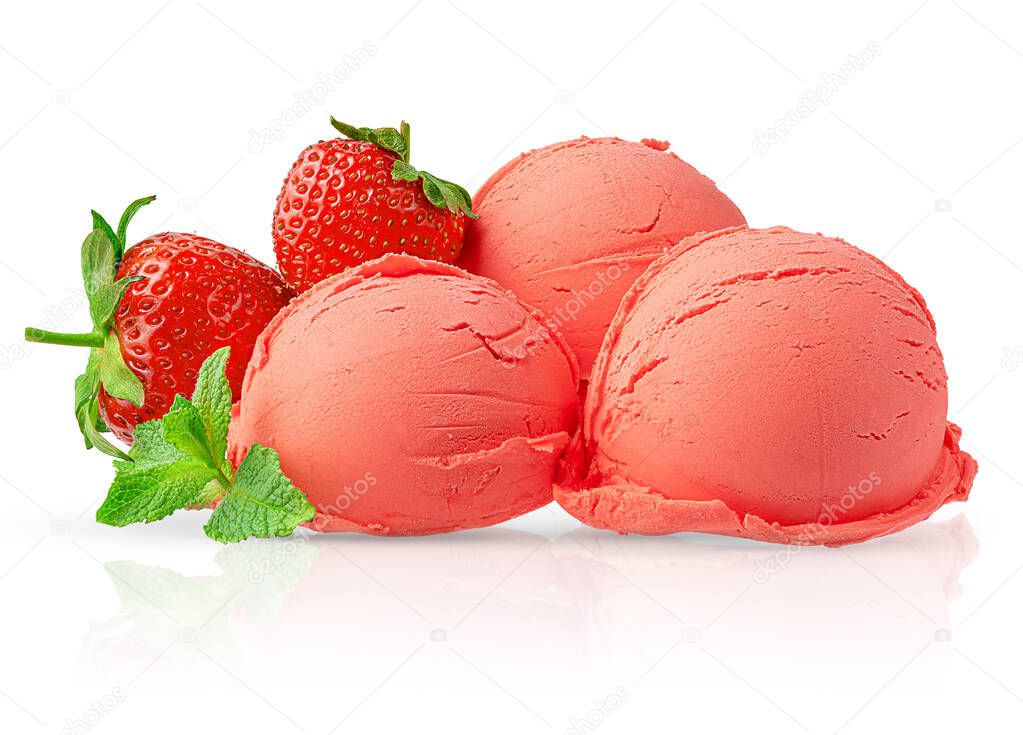 Three scoops of strawberry ice cream with fresh berries. Isolated with clipping path