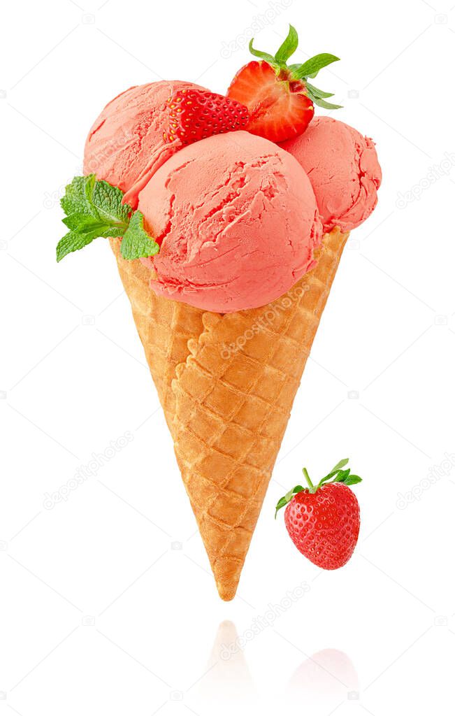 Strawberry ice cream cone with mint leaf isolated with clipping path.