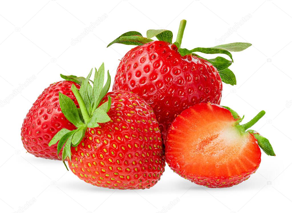 Heap of red strawberries isolated on white background with clipping path. Design element, close up