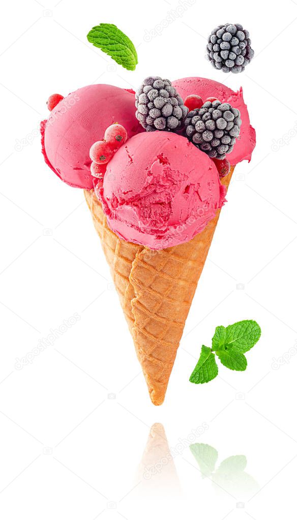 Pink ice cream waffle cone with berries and mint, clipping path.