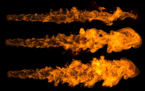 Brand vlammen Jetset geïsoleerd op zwarte achtergrond. Stockfoto