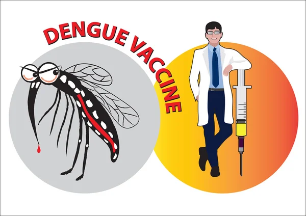 Médico con una vacuna contra el dengue junto a un mosquito Aedes . — Vector de stock
