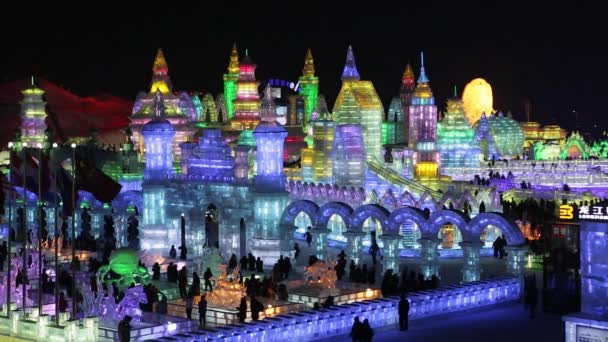 Esculturas de hielo iluminadas en el Hielo Harbin — Vídeos de Stock