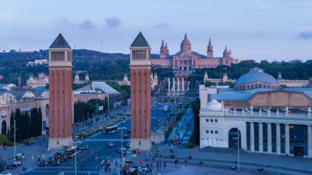 Fontäner framför National Museum of Art, Barcelona — Stockvideo