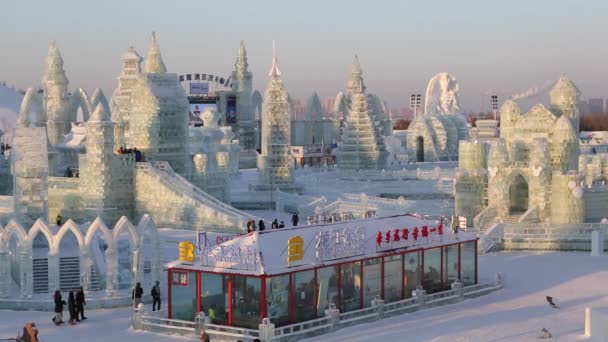 Belyste isskulpturer på Harbin Ice – Stock-video