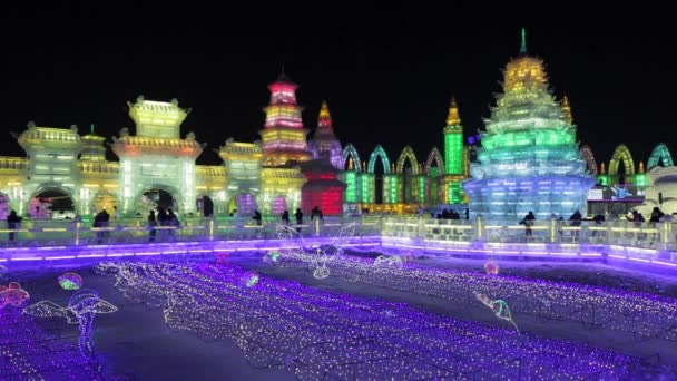 Esculturas de hielo iluminadas en el Hielo Harbin — Vídeos de Stock