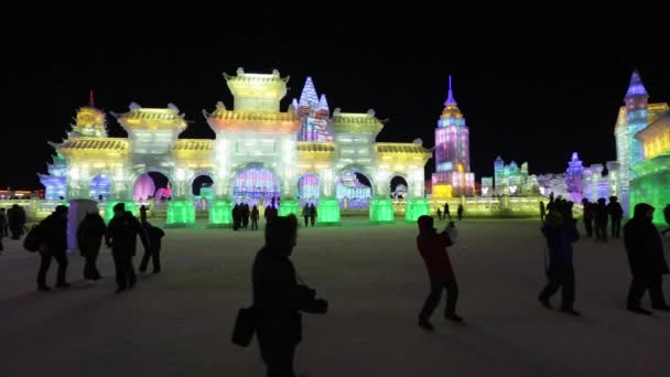 Sculture di ghiaccio illuminate all'Harbin Ice — Video Stock