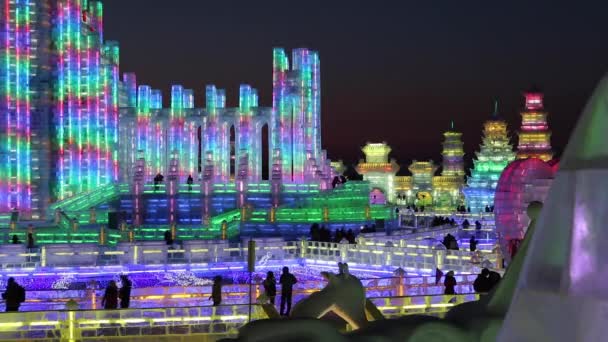 Illuminated ice sculptures at the Harbin Ice — Stock Video