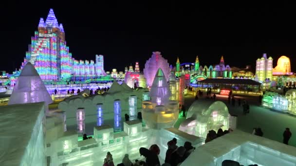 Esculturas de hielo iluminadas en el Hielo Harbin — Vídeos de Stock