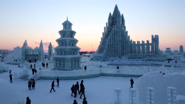 Esculturas de hielo iluminadas en el Hielo Harbin — Vídeos de Stock