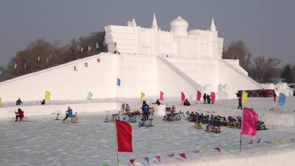 Esculturas de hielo iluminadas en el Hielo Harbin — Vídeo de stock