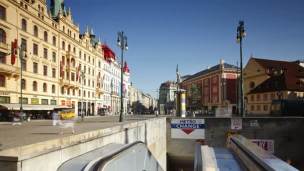 People using the Escalator to Metro, Prague — Stock Video