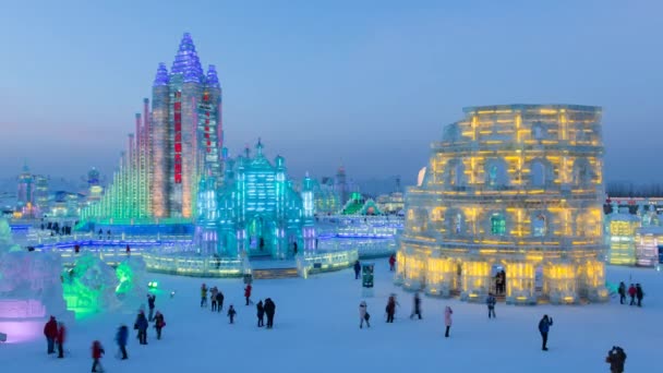 Belysta isskulpturer på Harbin isen — Stockvideo