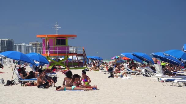 Art-Deco-Stil Rettungsschwimmhütte am Strand von Miami — Stockvideo