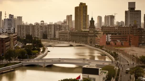 Сучжоу крик і місто skyline, Шанхай — стокове відео