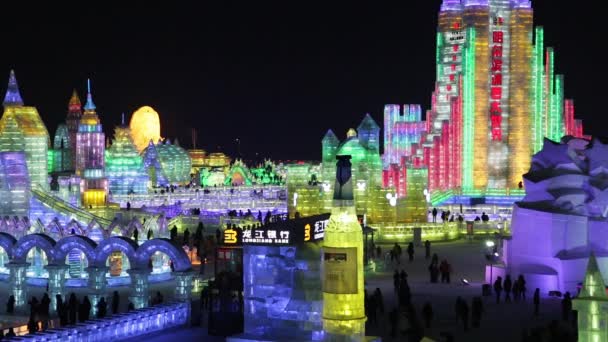 Esculturas de hielo iluminadas en el Hielo Harbin — Vídeos de Stock