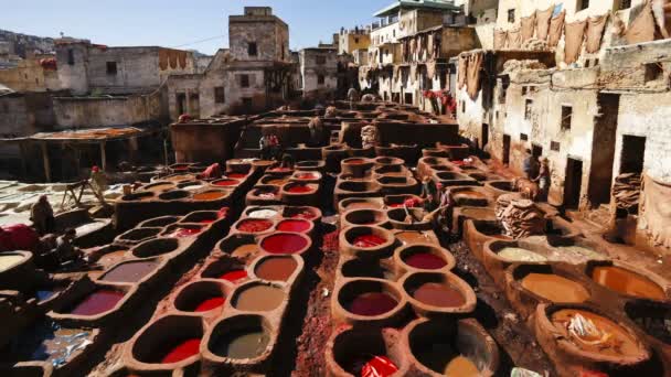Chouwara tradiční kožených koželužny ve Fezu — Stock video