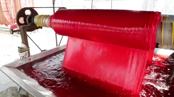 Процесс окраски материалов на заводе недалеко от Джайпура — стоковое видео