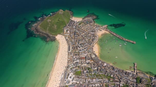 Vue Aérienne Ives Village Pêcheurs Traditionnel Cornouailles Cornouailles Angleterre Royaume — Video