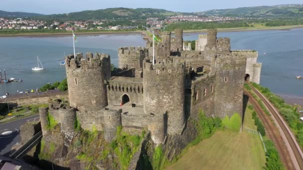 Luchtfoto Van Conway Castle Gwynedd North Wales Verenigd Koninkrijk — Stockvideo