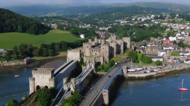 Luchtfoto Van Conway Castle Gwynedd North Wales Verenigd Koninkrijk — Stockvideo