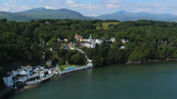 Aerial Portmeirion Italian Style Tourist Resort Gwynedd North Wales — стокове відео