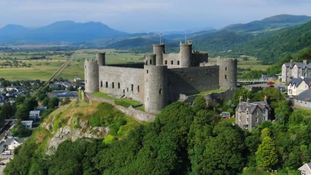 Aerial Harlech Castle Harlech Gwynedd North Wales — Stock Video