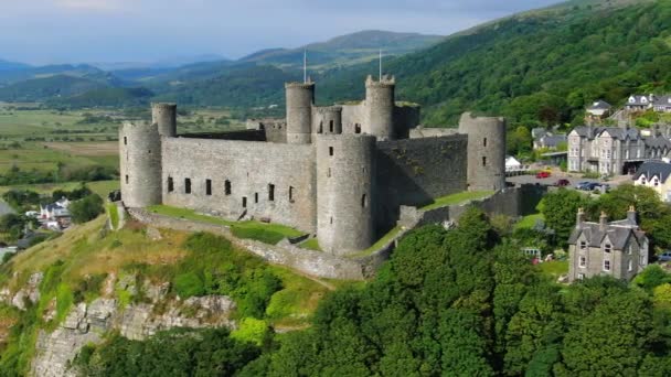 Aerial Harlech Castle Harlech Gwynedd North Wales — Stock Video