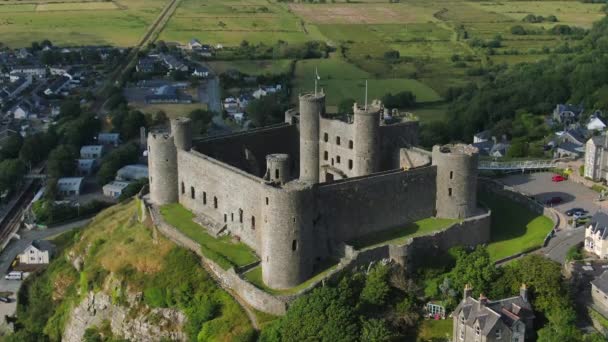 Aerial Harlech Castle Harlech Gwynedd North Wales — Stock Video