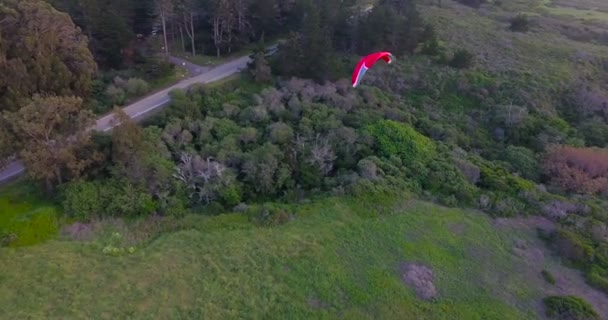 Homme parapente au-dessus des forêts et des collines 