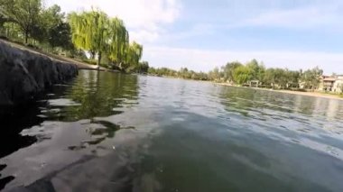 Göl güneşli yaz günü parkta 