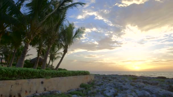 Zonsondergang op rock kustlijn — Stockvideo