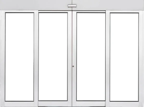 Automatyczne Podwójne Przesuwne Drzwi Szklane Izolowane Biało Nowoczesne Wejście Terminalu — Zdjęcie stockowe