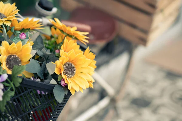 Bunch Colorful Flowers Wooden Basket Vintage Bicycle Pastel Valentine Day — Stock Photo, Image