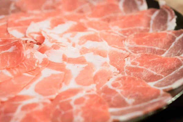 Closeup Sliced Pork Para Shabu Sukiyaki Set Prato Preto Carne — Fotografia de Stock