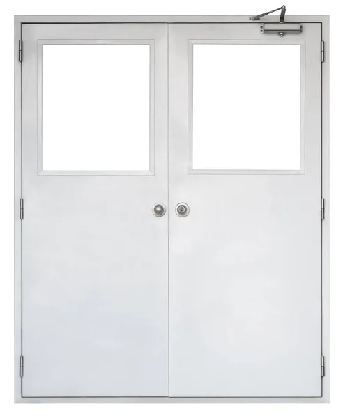 Metalowe Drzwi Kwadratowym Oknem Izolowane Białym Tle Prawdziwe Puste Wnętrze — Zdjęcie stockowe