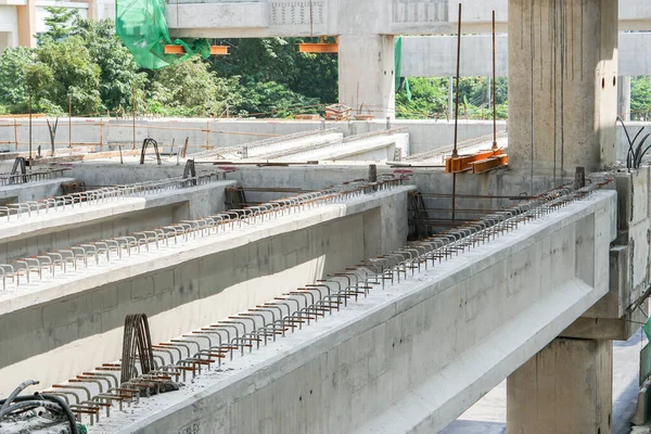 Under construction precast concrete beam steel frame in skytrain pillar structure for reinforcement