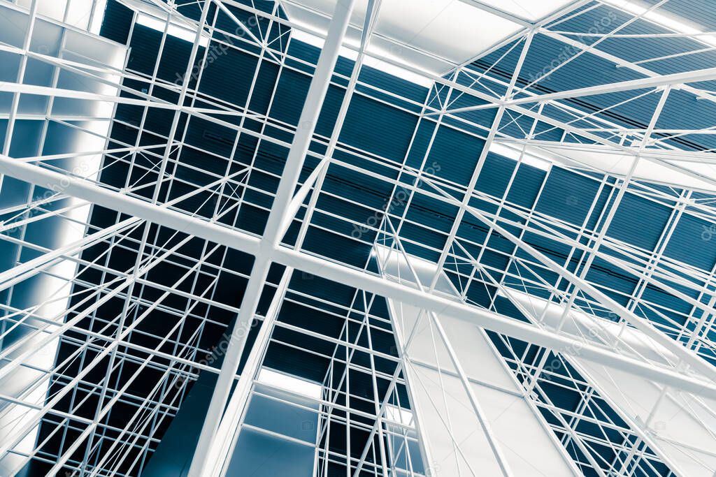 steel structure of roof frame architecture, abstract detail of metal grid design in building construction industry background