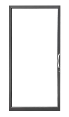 Modern siyah cam pencere kapısı beyaz arka planda izole edilmiş, saplı büyük metalik pencere çerçevesi, tasarım için gerçek ev unsuru